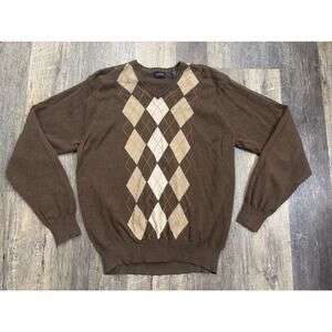 IZOD Mens Brown Argyle V-Neck Sweater 100%‎ Cotton Pullover Size M